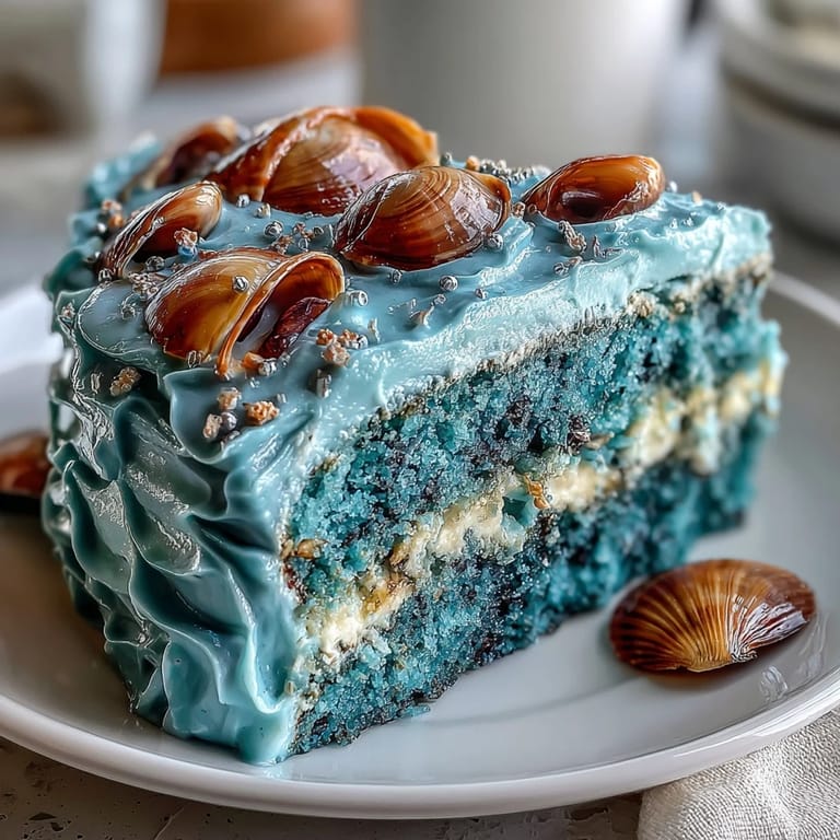 Glistening Cancer Zodiac Cake: ocean blue frosted with delicate, realistic edible shells.
