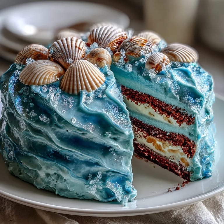 Moist vanilla Cancer Zodiac Cake, ocean blue buttercream, and shimmering edible shells.
