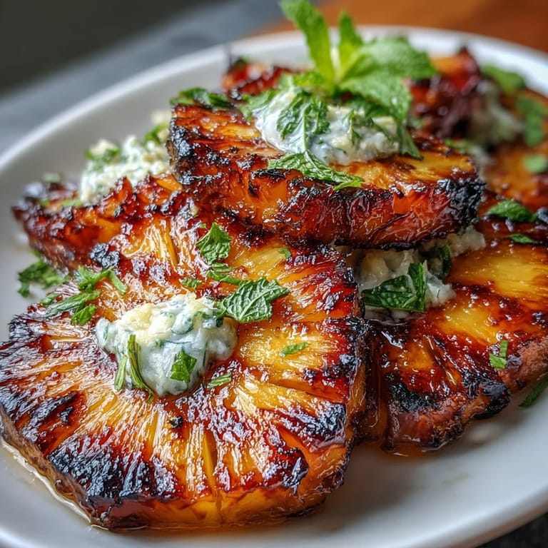Golden, grilled pineapple rings topped with herbaceous mint and tangy lime wedges.