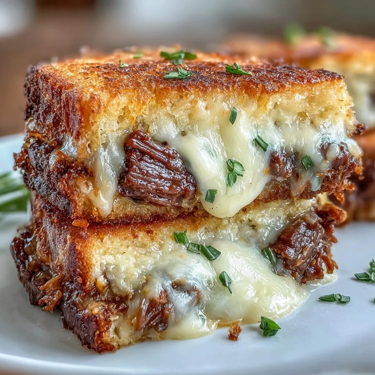 Close-up of a decadent short rib grilled cheese, featuring tender meat and gooey cheese.