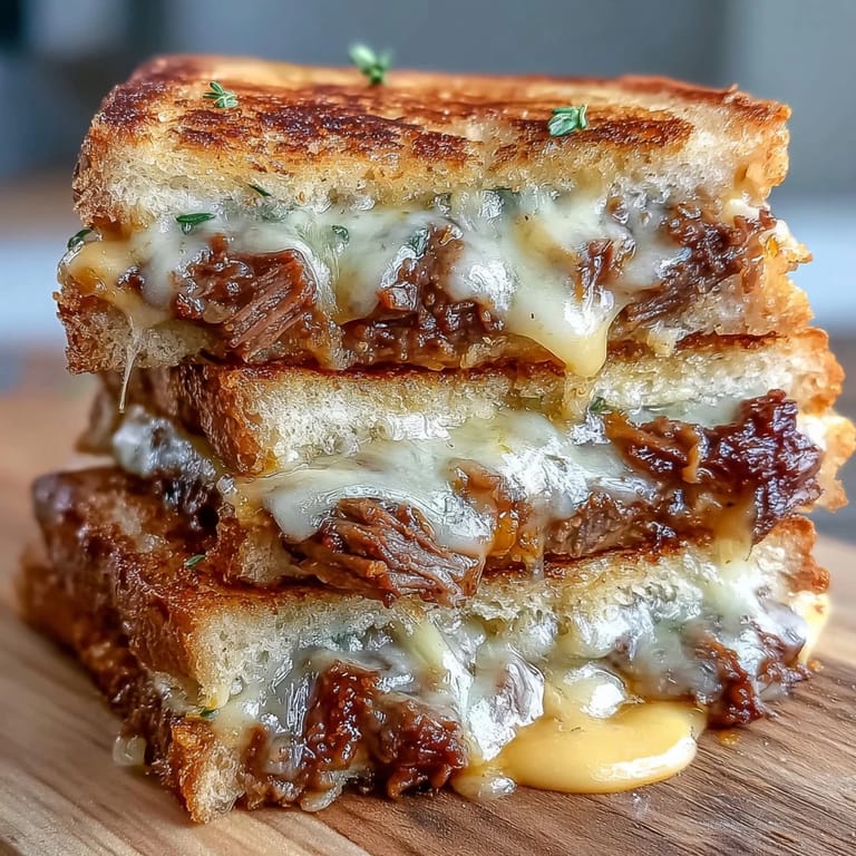 Hearty short rib grilled cheese sandwich, perfectly toasted sourdough with savory shredded beef filling.