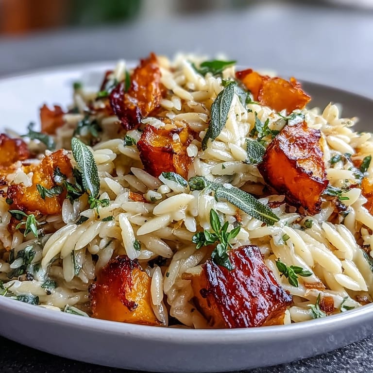 U.S. Autumnal orzo with butternut squash, a comforting vegetarian delight.