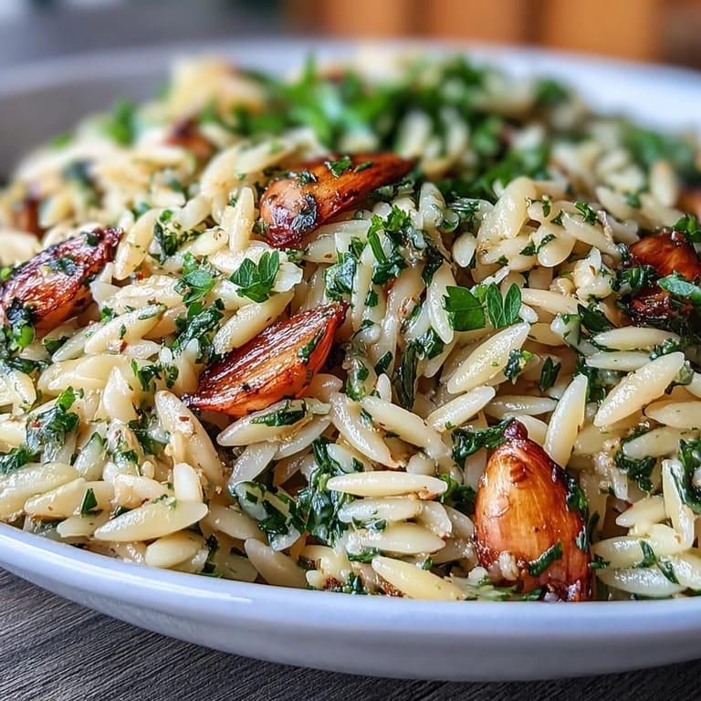 Savory Herb-Roasted Garlic Orzo, showcasing fluffy pasta and mellow, caramelized garlic cloves.