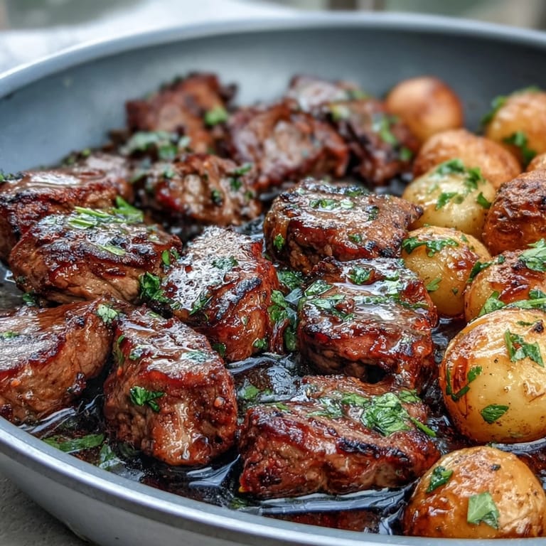 Seared steak bites and tender potatoes coated in delicious garlic butter.