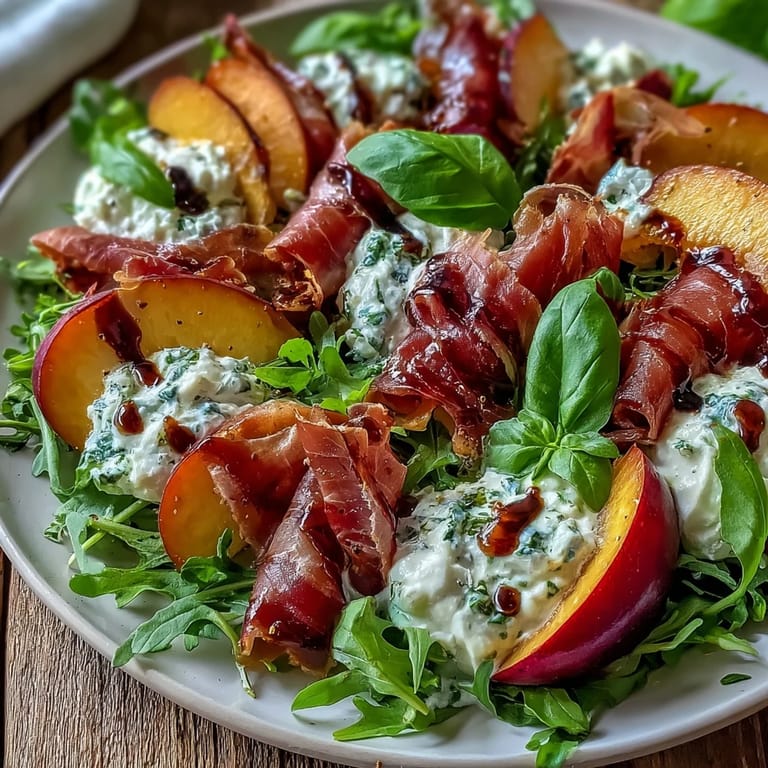 Juicy Peach Burrata Prosciutto Salad, featuring savory prosciutto and fresh basil, ready to enjoy.
