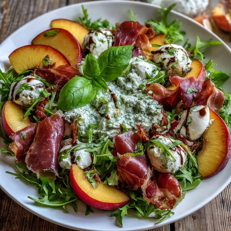 Artfully arranged Peach Burrata Prosciutto Salad with ripe fruit, creamy cheese, and salty meat.
