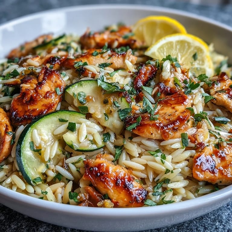Tender chicken and zucchini nestled in orzo with zesty lemon, easy one-pan meal.