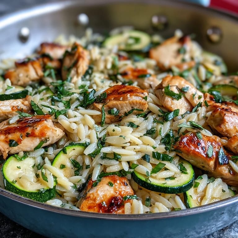 Golden seared chicken atop creamy orzo, infused with fresh lemon and zucchini.