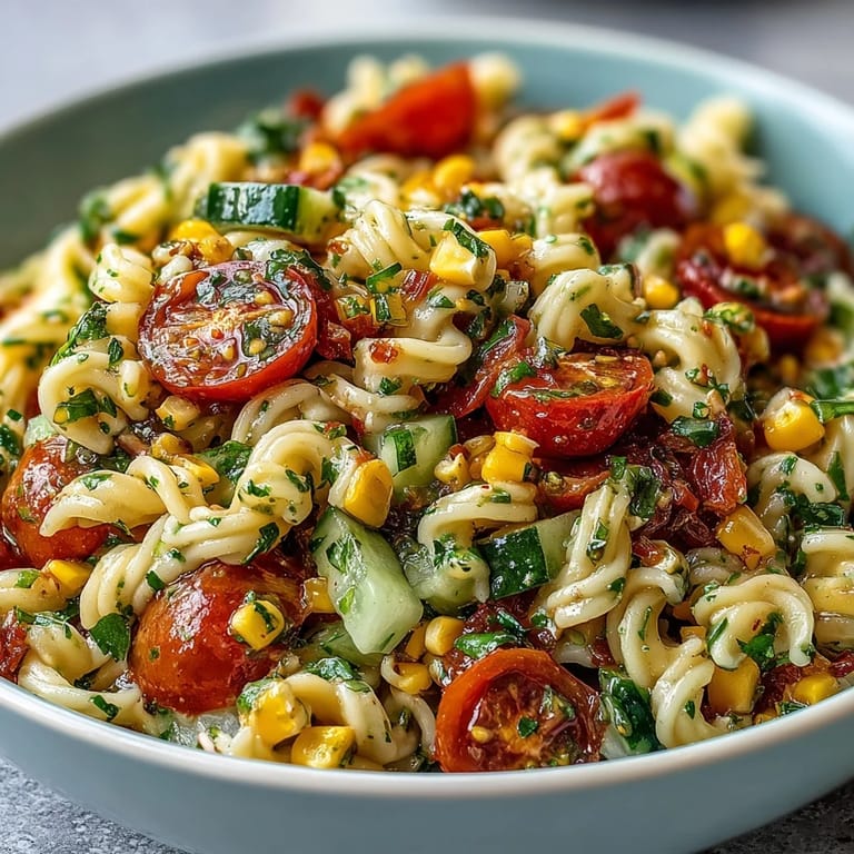 A refreshing Summer Corn and Tomato Pasta Salad, perfect for a light side dish.