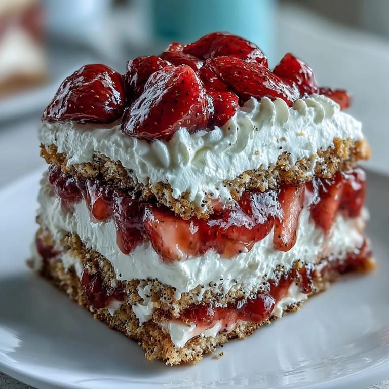 Softly stacked Strawberry Black Sesame Shortcake boasts vibrant berry filling and toasted nuts.