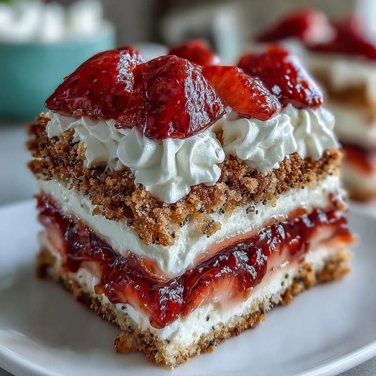 A delightful slice of Strawberry Black Sesame Shortcake, perfect with fresh whipped cream.