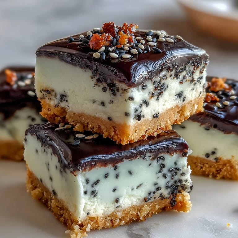 Decadent black sesame cheesecake bars, creamy and nutty, topped with seeds.