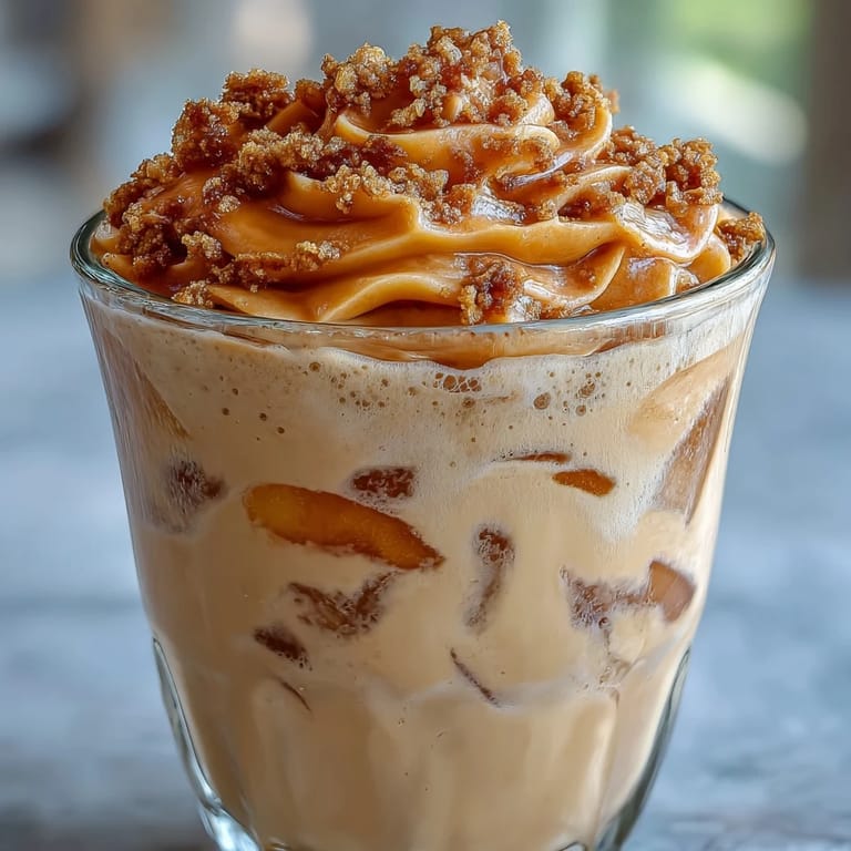 Juicy peach cobbler cold foam layered over spiced chai and creamy milk.