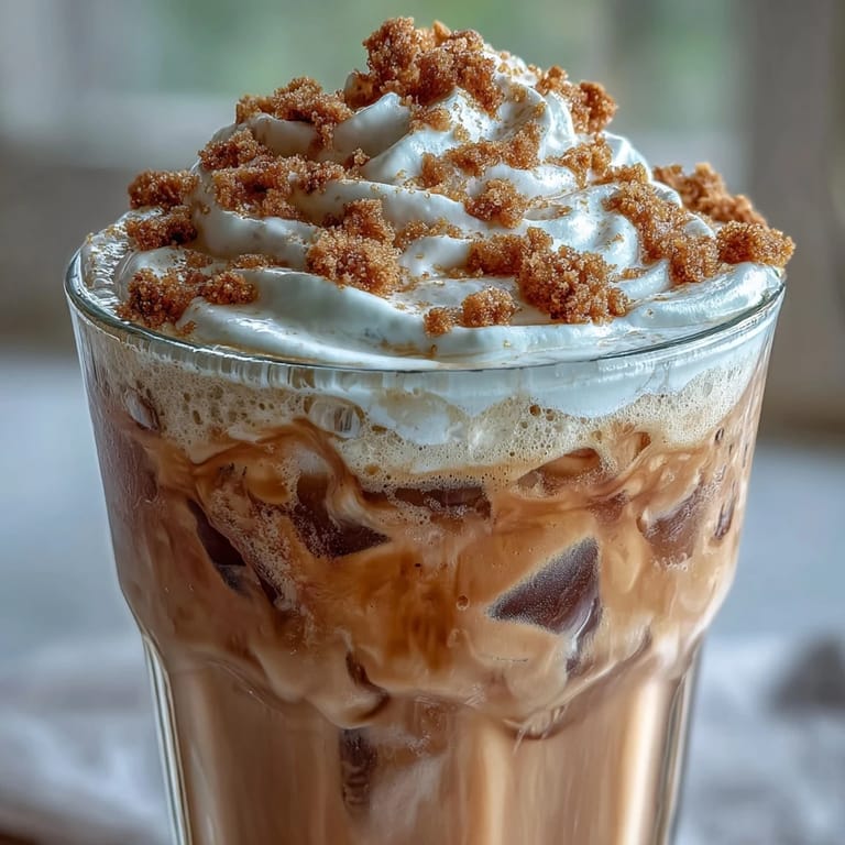 Iced chai topped with dreamy peach cobbler cold foam, a perfect summer drink.