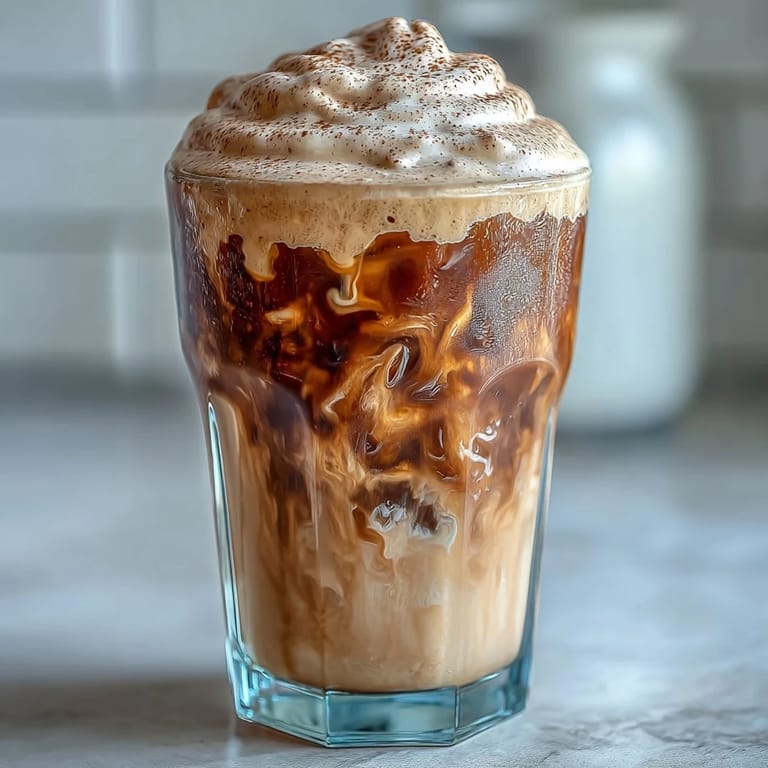 Velvety Brown Sugar Hojicha Cold Foam Coffee, perfect for a cool afternoon treat.