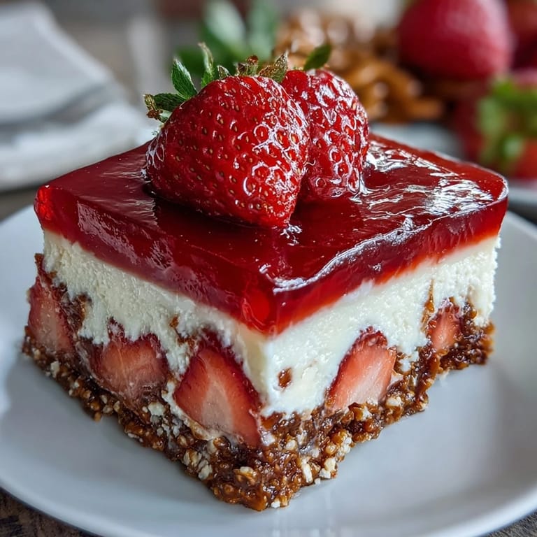 Close-up of a delicious Strawberry Pretzel Jello Salad with fresh fruit.
