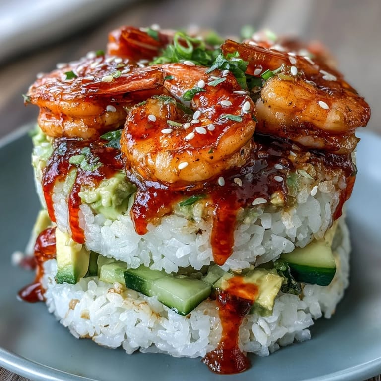 Artfully assembled spicy shrimp sushi stack, a colorful and flavorful Japanese fusion dish.
