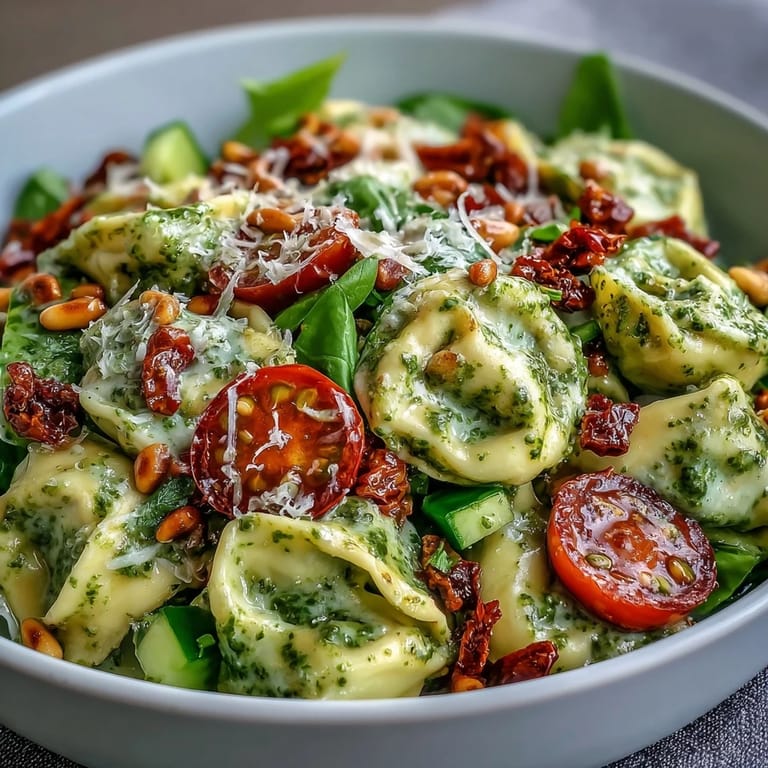 Deliciously chilled Creamy Pesto Tortellini Picnic Salad featuring cheese tortellini and bright sun-dried tomatoes.