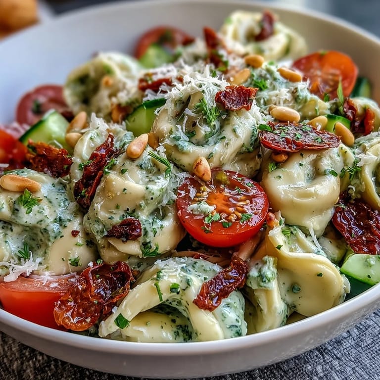 Savory Italian-American Creamy Pesto Tortellini Picnic Salad, a quick and easy potluck favorite.