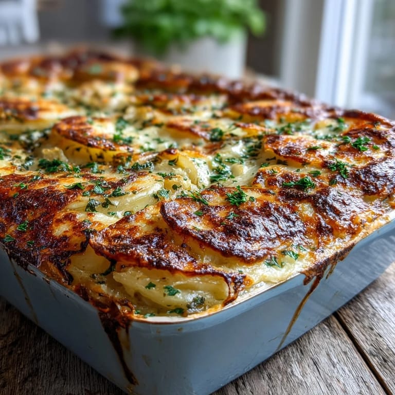 Comforting baked gratin with tender potatoes, cabbage, garlic, and herbs.