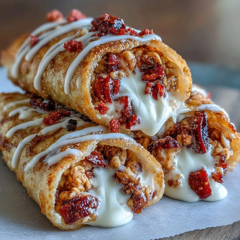 Vibrant dessert tacos filled with rich cheesecake and a delicious strawberry crumble topping.