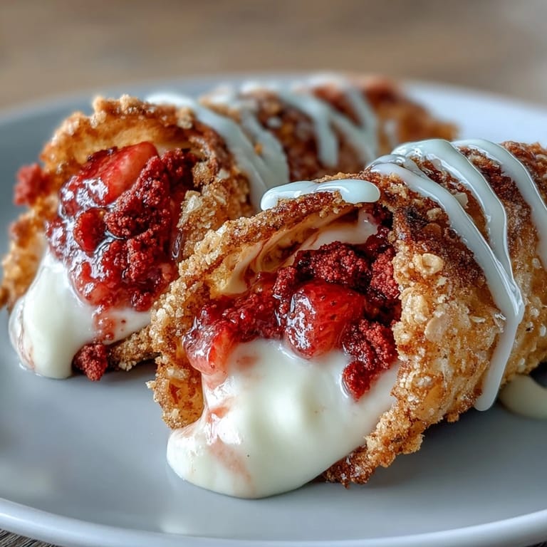 Golden baked taco shells loaded with smooth cheesecake and a crunchy strawberry-sweet topping.
