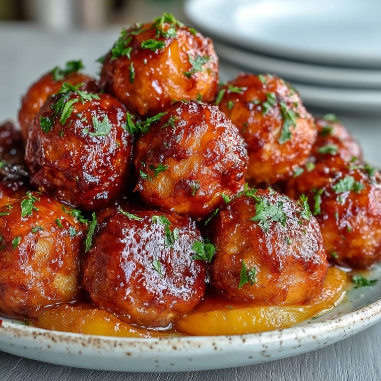 Savory hot honey peach meatballs coated in a vibrant, sticky sauce.