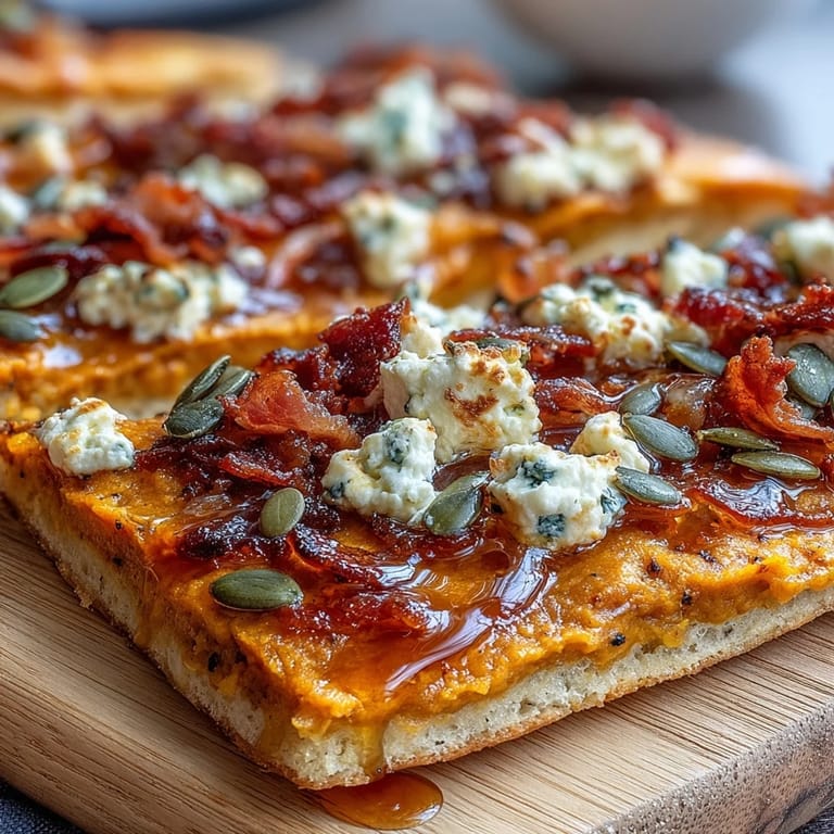 Warm, autumnal flatbread featuring pumpkin puree, red onion, and sweet-spicy hot honey.