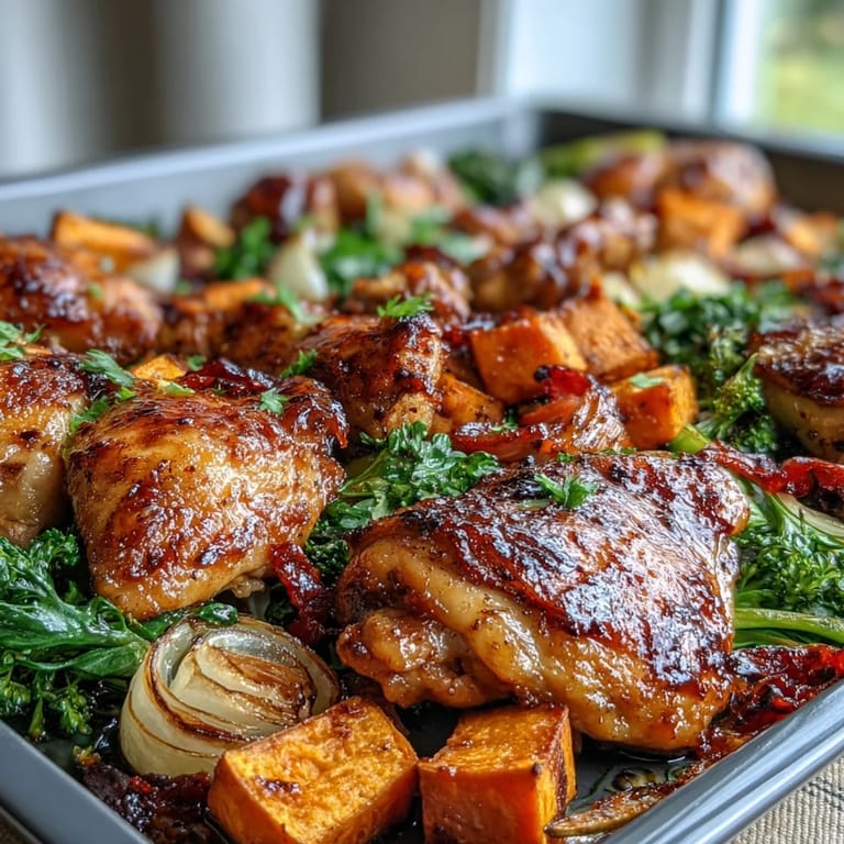 Savory-sweet Maple Dijon Chicken and Sweet Potato Sheet Pan, perfect for weeknights.
