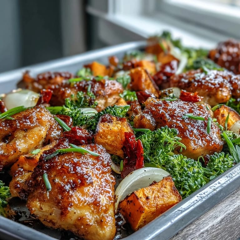 Juicy Maple Dijon Chicken and Sweet Potato Sheet Pan, ready in under an hour.