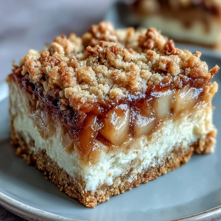 Cheesecake bars featuring warm spiced apples and a crunchy brown butter crisp topping.