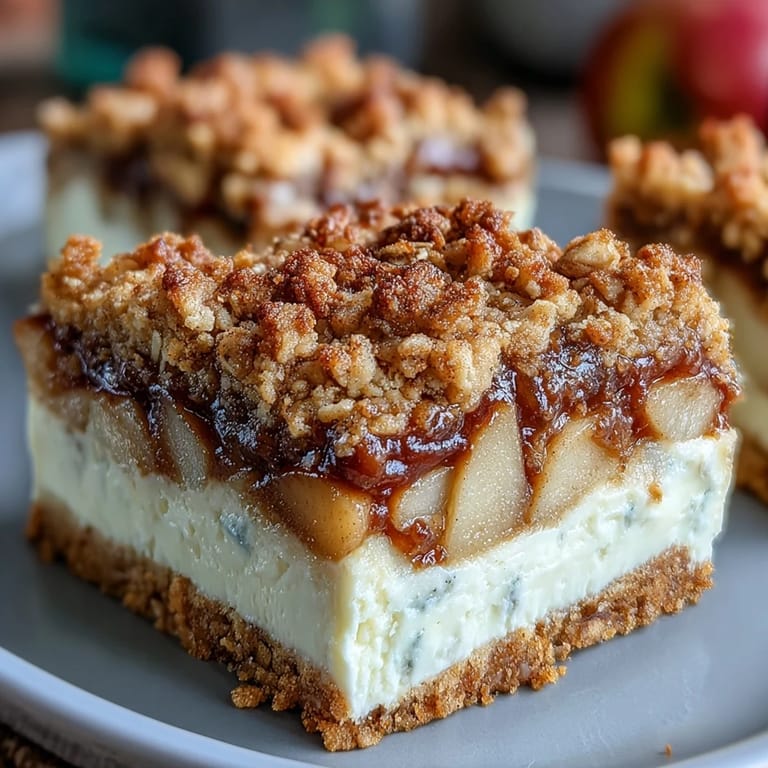 Indulgent Brown Butter Apple Crisp Cheesecake Bars, a perfect slice of fall dessert.