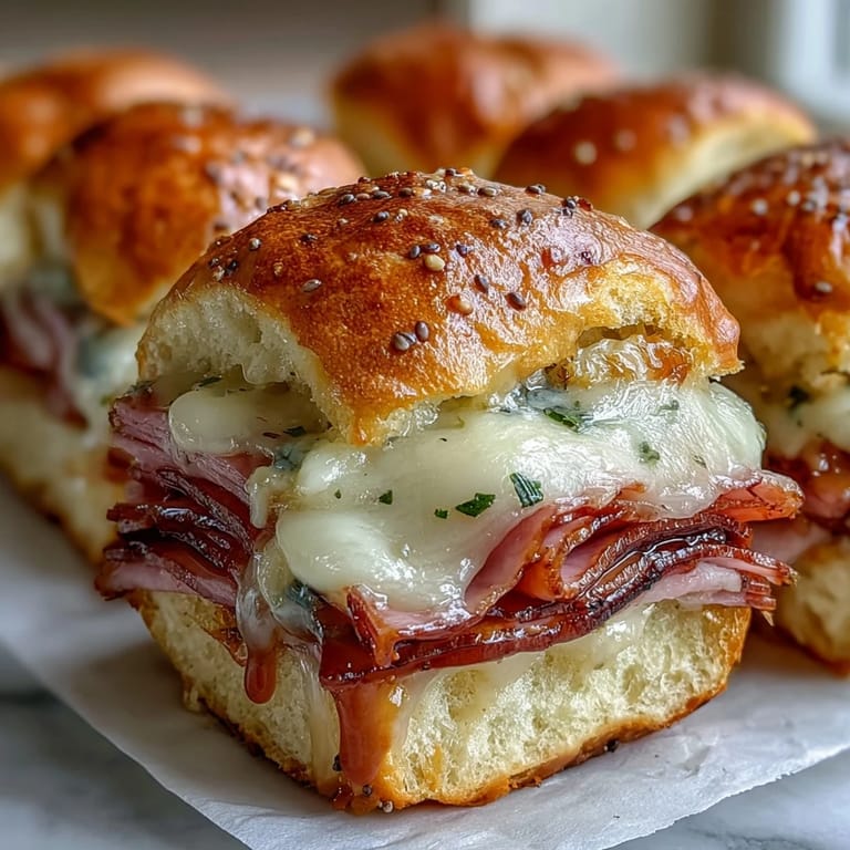 Savory Pear Ham and Cheese Lunchbox Sliders served warm, a perfect easy snack.