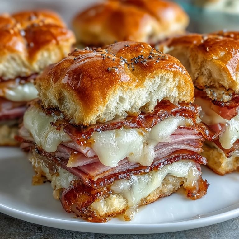 Close-up of Pear Ham and Cheese Lunchbox Sliders layered with sweet pears and ham.