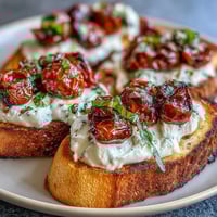 Crispy crostini topped with creamy burrata cheese and roasted cherry tomatoes, garnished with fresh basil and olive oil.