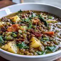 A steaming bowl of Little Sprout Green Lentil Stew with carrots and potatoes, rich in flavor and packed with wholesome vegetables.  