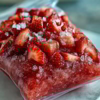 A vibrant blend of strawberries and pineapple frozen into easy-to-serve daiquiri pouches for summer parties.  