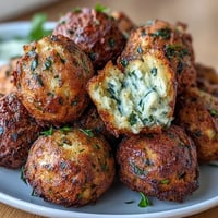 Golden air fryer falafel balls with green tahini sauce, crispy outside and herby inside.  