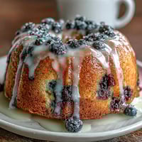 Mini lemon blueberry sourdough bundt cakes with a glossy lemon glaze, fresh berries, and citrus zest on top.