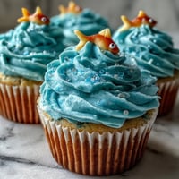 Whimsical vanilla cupcakes topped with blue buttercream and adorable fondant fish, perfect for Pisces zodiac celebrations.