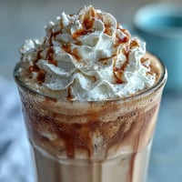 A creamy iced vanilla bean frappuccino topped with fluffy coconut whipped cream and a sprinkle of vanilla bean seeds.