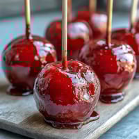 Bite-sized mini candy apples on sticks, coated in a glossy red candy shell for a sweet and crunchy treat.