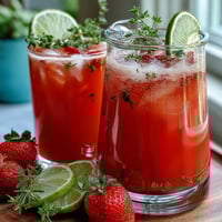 Refreshing strawberry basil lemonade with vibrant red berries, green herbs, and citrus slices in a clear glass pitcher.