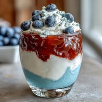 Festive red, white, and blue layered Jello cups with vibrant stripes, perfect for patriotic celebrations or summer parties.