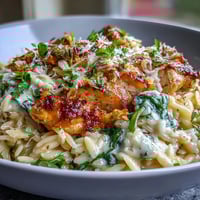 Vibrant lemon orzo with tender chicken and fresh spinach in a creamy, zesty skillet meal, perfect for spring dinner.  