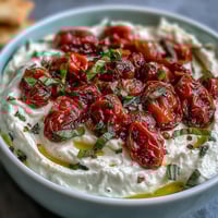 Creamy whipped feta dip with roasted cherry tomatoes, served with warm pita bread for a Mediterranean appetizer.