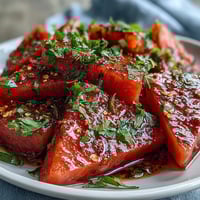 Refreshing watermelon slices dusted with Tajin chili-lime seasoning and zesty lime juice, perfect for summer picnics or poolside snacking.