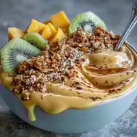 Vibrant mango chili lime smoothie bowl with fresh mango, kiwi, and granola, topped with coconut and chia seeds.  