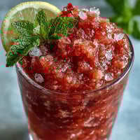 A frosty glass of frozen strawberry lemonade slushie with vibrant red berries and fresh mint garnish.