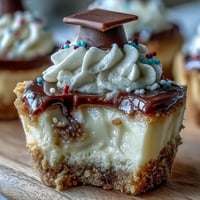 Creamy graduation cheesecake bites with buttery graham cracker crust, topped with whipped cream and festive sprinkles for a celebratory dessert.